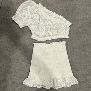White Lace Off-Shoulder Top and Skirt Set